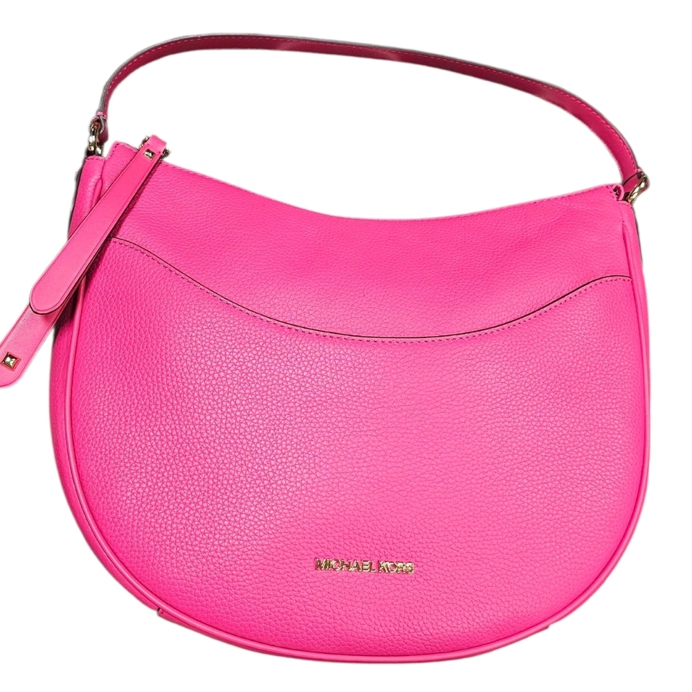 Michael Kors Dover Lg Half-Moon Hobo Pebbled Leather Shoulder Bag Electric Pink